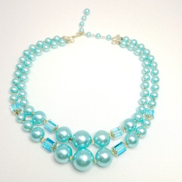 Vintage Blue Two Strand Beaded Necklace, Graduated Size Adjustable Clasp, Estate - Picture 7 of 7